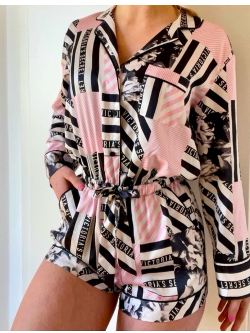 Victoria’s Secret Satin Romper Long Sleeve Pink Logo Print Size M